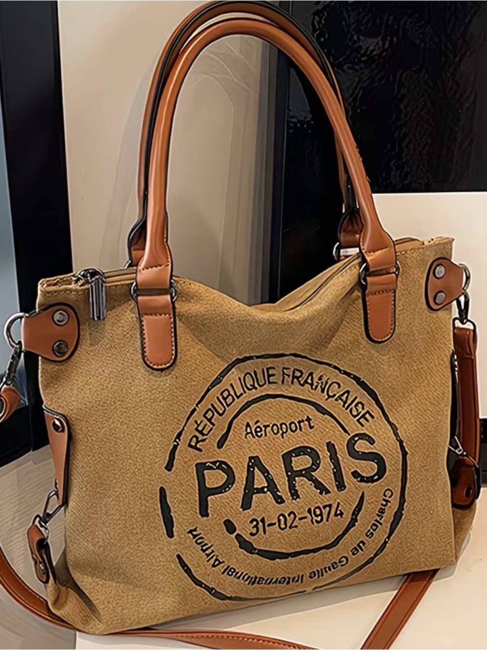 👜 HOST PICK 👜 POSH Refresh 💖Vintage Paris Stamp Tote in Tan with Brown Trim - Picture 2 of 4